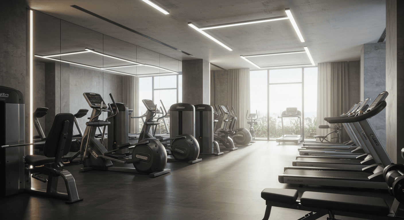 Clean empty gym interior showcasing fitness equipment at Mo Muscle